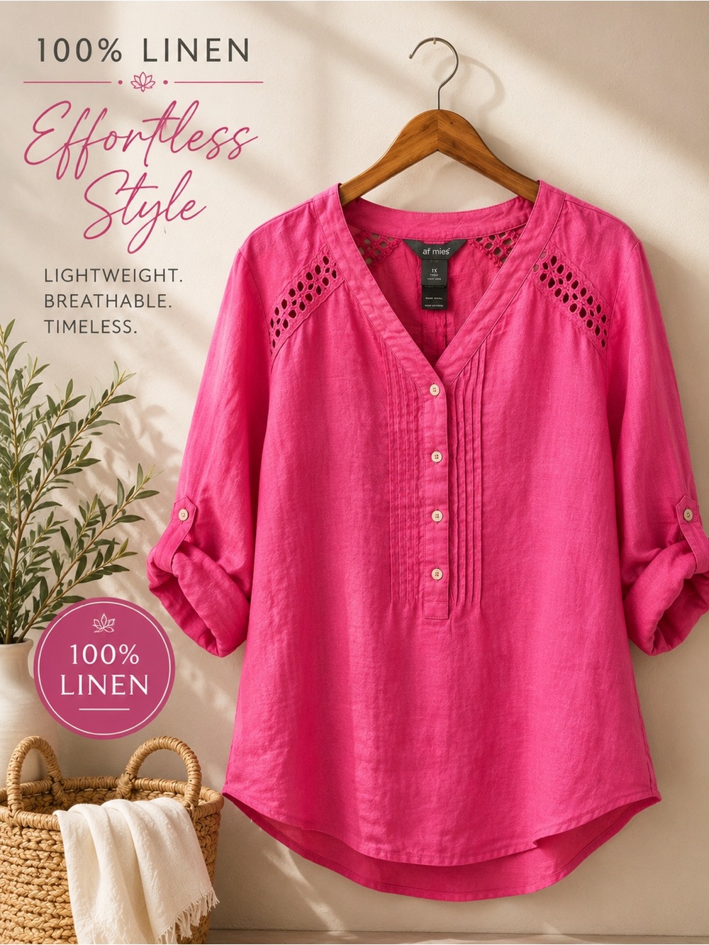 Ali Miles 100% Linen Pink Eyelet Detail Tunic Top – Size 1X